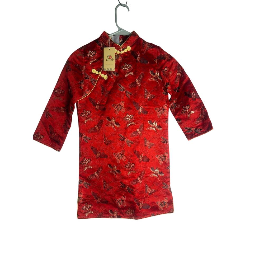 Tonglehui Girls Red Satin Jacquard Chinese Top - Traditional Size 140 (US 8/10)